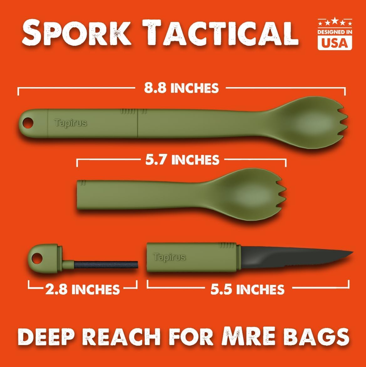 Tapirus Spork Tactical Green | BPA Free Spoon Fork, Stainless Steel Knife and Fire Starter | 3 in 1 multipurpose utensil | Outdoor hiking, camping & backpacking gear | Fit for MRE