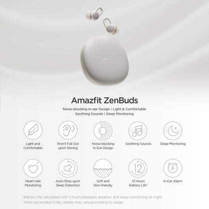 Amazfit Zenbuds Smart Sleep Earbuds, Noise Blocking, in-Ear Alarm, Soothing Sounds, Light and Comfortable, in-Ear Alarm Detection, Cloud White