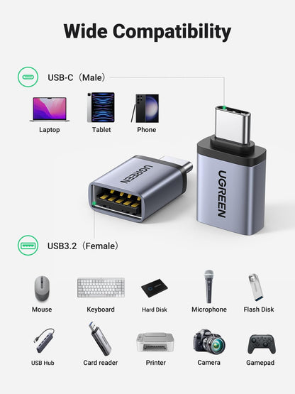 UGREEN USB to USB C Adapter 10Gbps,2 Pack USB C to A Adapter Compatible with iPhone 16 15 Pro/Samsung/MacBook Pro/Air/iPad Pro,Thunderbolt 4/3,Gray
