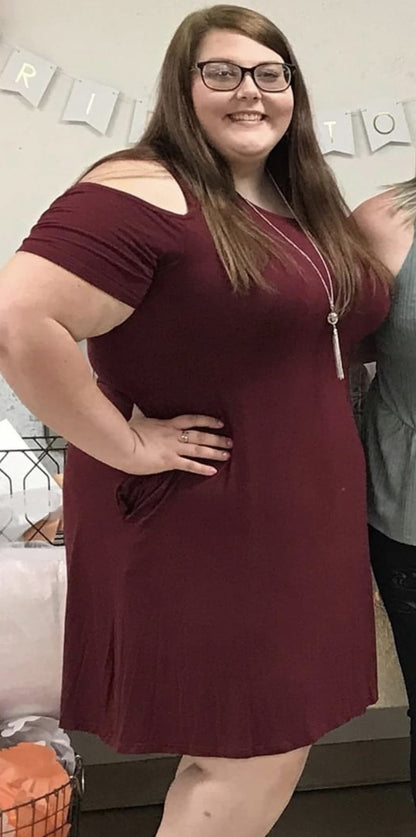 Women's Summer Short Sleeve Cut Out Cold Shoulder Loose Fit Dress Top Wine X Large