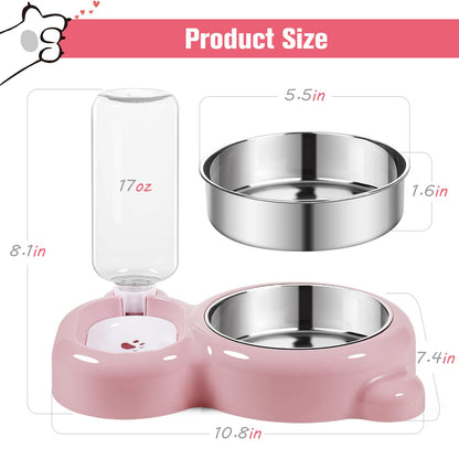 Dog Bowls, Cat Food and Water Bowl Set with Water Dispenser and Stainless Steel Bowl for Cats and Small Dogs - Pink