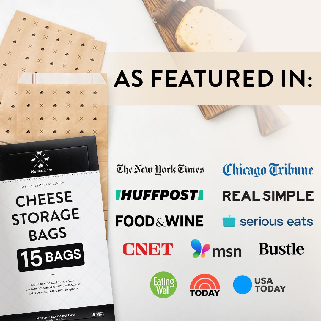 Formaticum - 15-Pack Cheese Storage Bags - 6.25 x 11 Wax Paper Bags to Keep Cheese or Charcuterie Fresh - Professional Grade Cheese Paper for Wrapping Cheese - Porous Brown Paper Bags From France