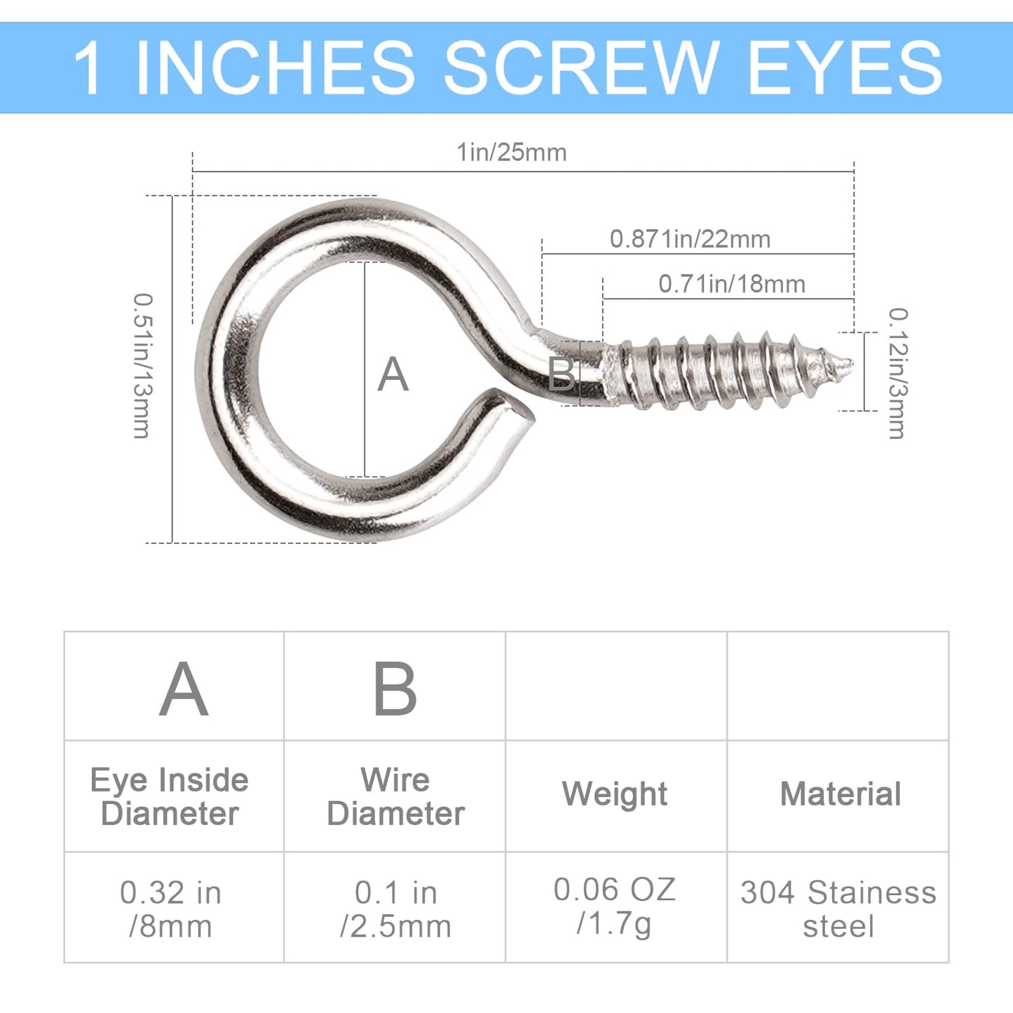 Aovchei Eye Screws, 50Pcs 1 inches 304 Heavy Duty Stainless Steel Screw Hooks, Self Tapping Eye Bolts, Indoor & Outdoor for Hanging Artwork