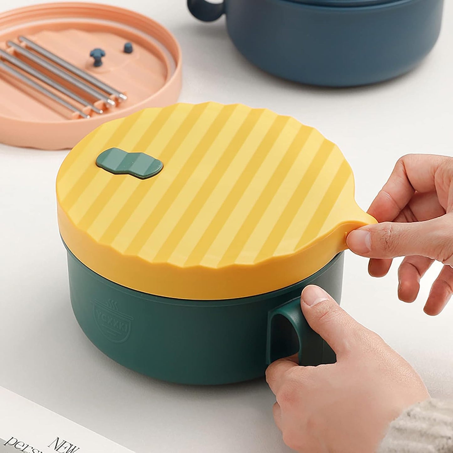 YCXXKJ Microwave Ramen Bowl Ramen Cooker with Handles Noodle Bowls with Lid and Chopsticks Dishwasher Safe for Home Office College Dorm Room(Yellow & Green)