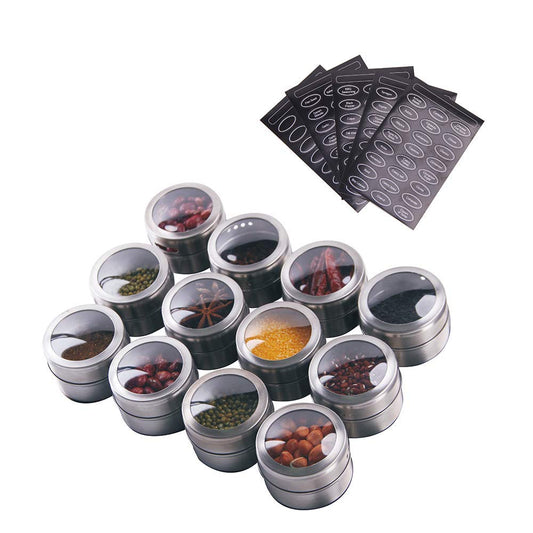 Sanvcomy 12 Powerful Magnetic Spice Tins- Stainless Steel Spice Storage Containers, Kitchen Spice Jars with Clear Lid with Sift & Pour, Rack Magnetic on Fridge, 120 Spice Labels
