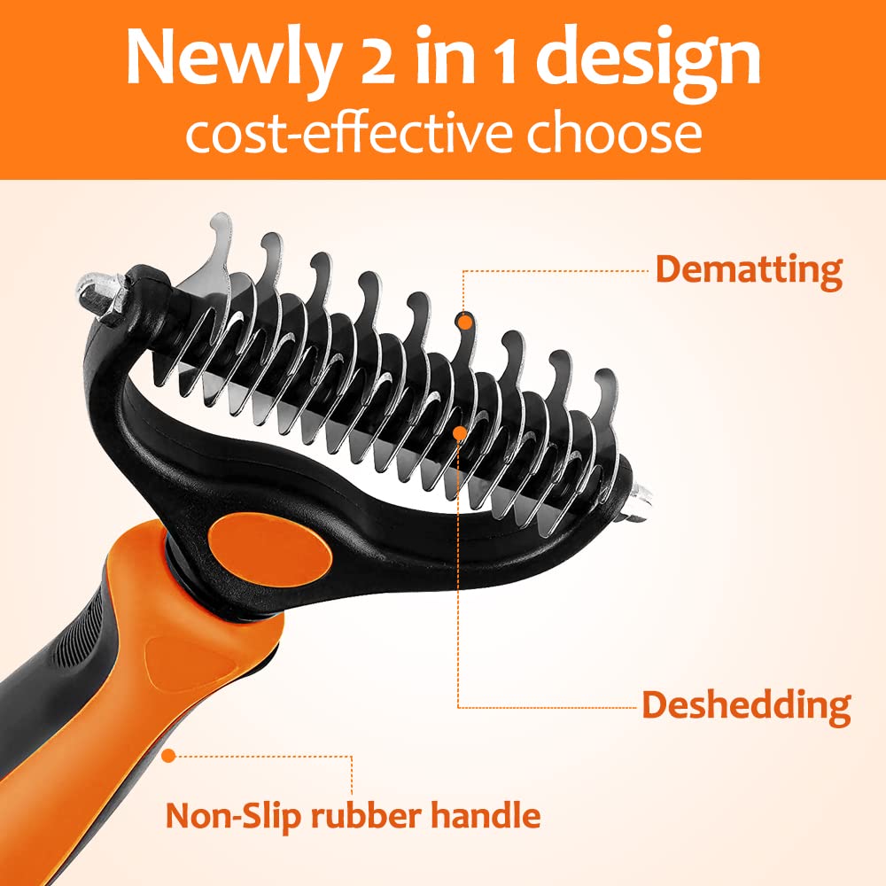Undercoat Rake for Dogs, 2 in 1 Dematting Comb & Deshedding Tool for Long Hair Pets, Pet Hair Grooming Brush, Clear Mats and Tangles, Reduces Shedding by 95%