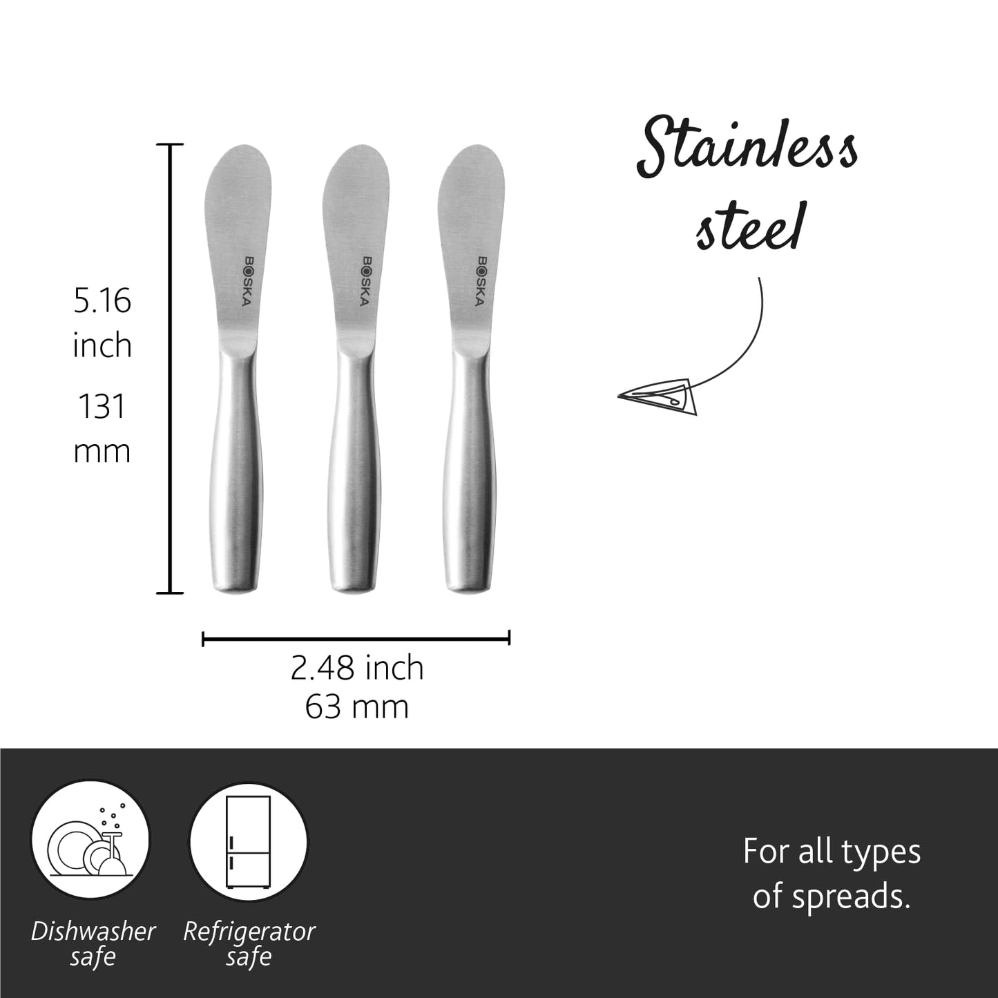 Boska Mini Spreading Knife Set - Butter knife Copenhagen Stainless Steel Multi-purpose Spreading Knives - Used for Cheese, Butter, Jam, Pastry, and Other Kitchen Daily Spreader Knife - 3 Pieces