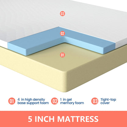 FDW | 5 Inch Twin Mattress | Medium Firm | Gel Memory Foam Mattress | White | Bed in a Box, CertiPUR-US Certified | Pressure Relief, Cooling Ventilated Foam | Washable Removable Cover
