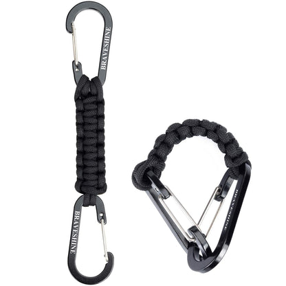 BRAVESHINE Keychain Hook with Paracord Strap 2 Pack Black Metal Key Ring Carabiner Hanger Para Cord D Locking Keyring Clip for Keys, Backpacks, Boys, Girls, Men, Women, Camping, Hiking, Travailing