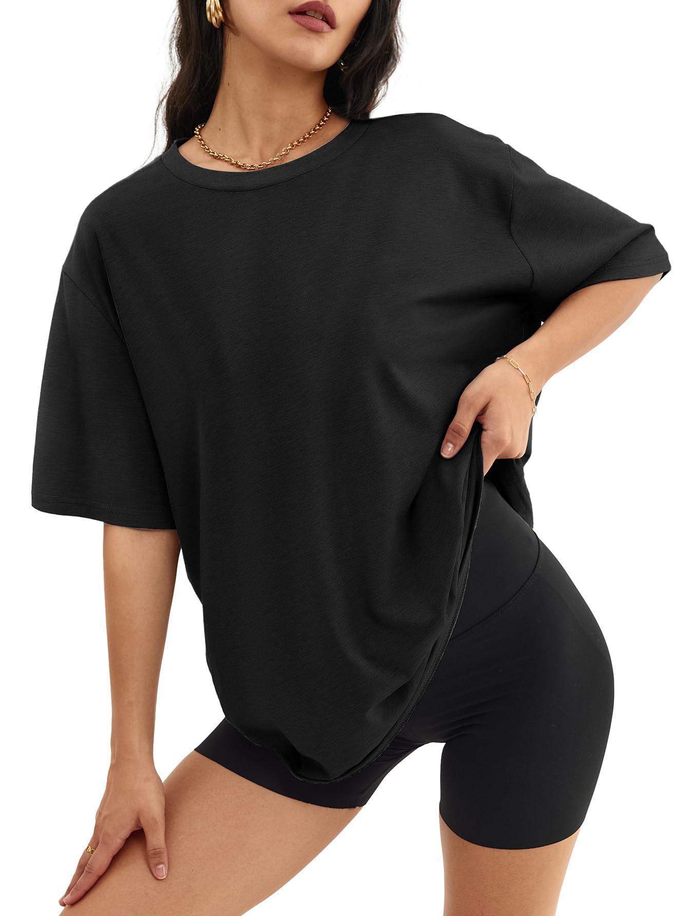 ATHMILE Womens Summer Spring Oversized T Shirts Loose Fit Crewneck Short Sleeve Tops Casual Blouse Y2K 2025 Basic Tee Beach Black