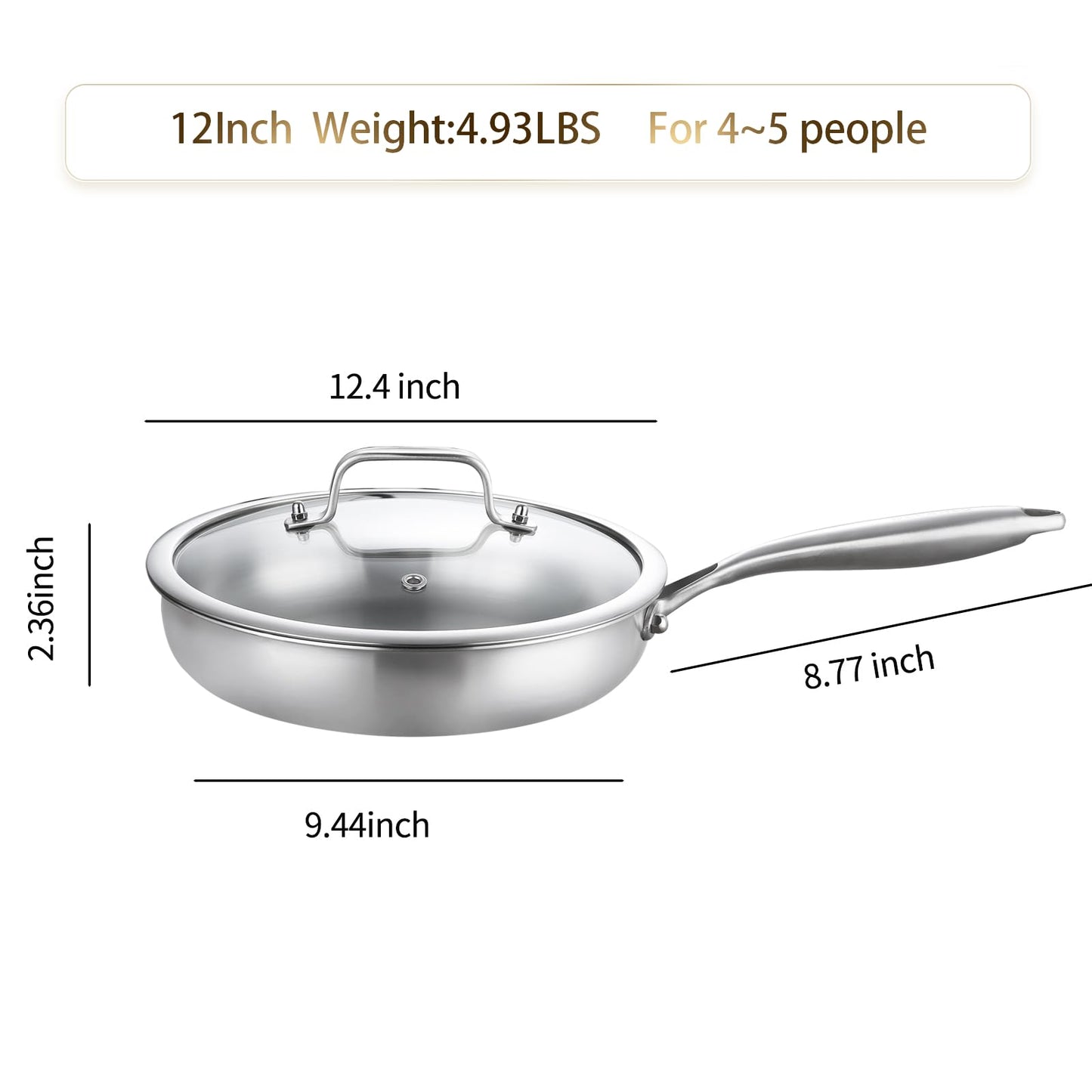 DELARLO Tri-Ply Stainless Steel Pan, 12 inch Frying Pan with Lid, Compatible with All Cooktops Up to 600℉, Fast & Even Heat, Skillet, Induction Cookware, Cooking Pan, Stir Fry Pan, Dishwasher Safe