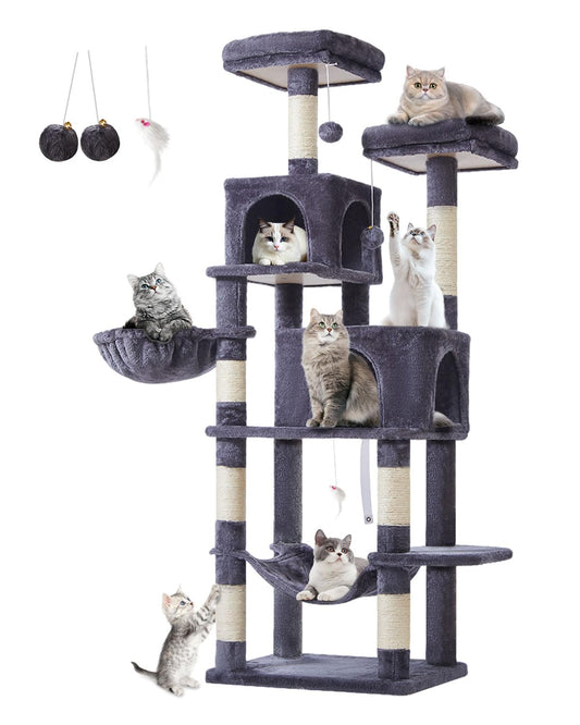 Taoqimiao Cat Tree, 66.2-Inch Cat Tower for Indoor Cats, Plush Multi-Level Cat Condo with 7 Scratching Posts, 2 Perches, 2 Caves, Hammock, 2 Pompoms, Smoky Gray MS013G