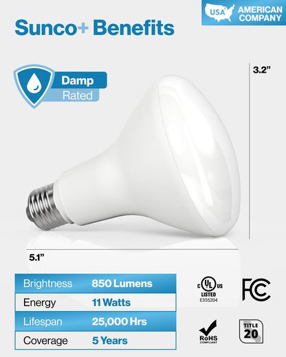 Sunco 12 Pack BR30 Light Bulbs LED, Recessed Can Light Bulbs, Indoor Flood Bulb, 850 LM, 11W (65W Equivalent), 3000K Warm White, Dimmable, E26 Base, for Home, Kitchen, Bedroom UL.