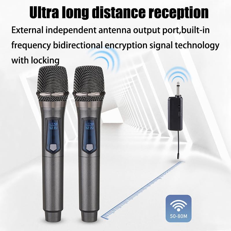 Wireless Microphone, Rechargeable Fixed Frequency Wireless Dual Microphone, Dual Handheld Dynamic Microphone,Karaoke Singing, Weddings DJ,Party, Church, Classroom use, 200 feet, Gray
