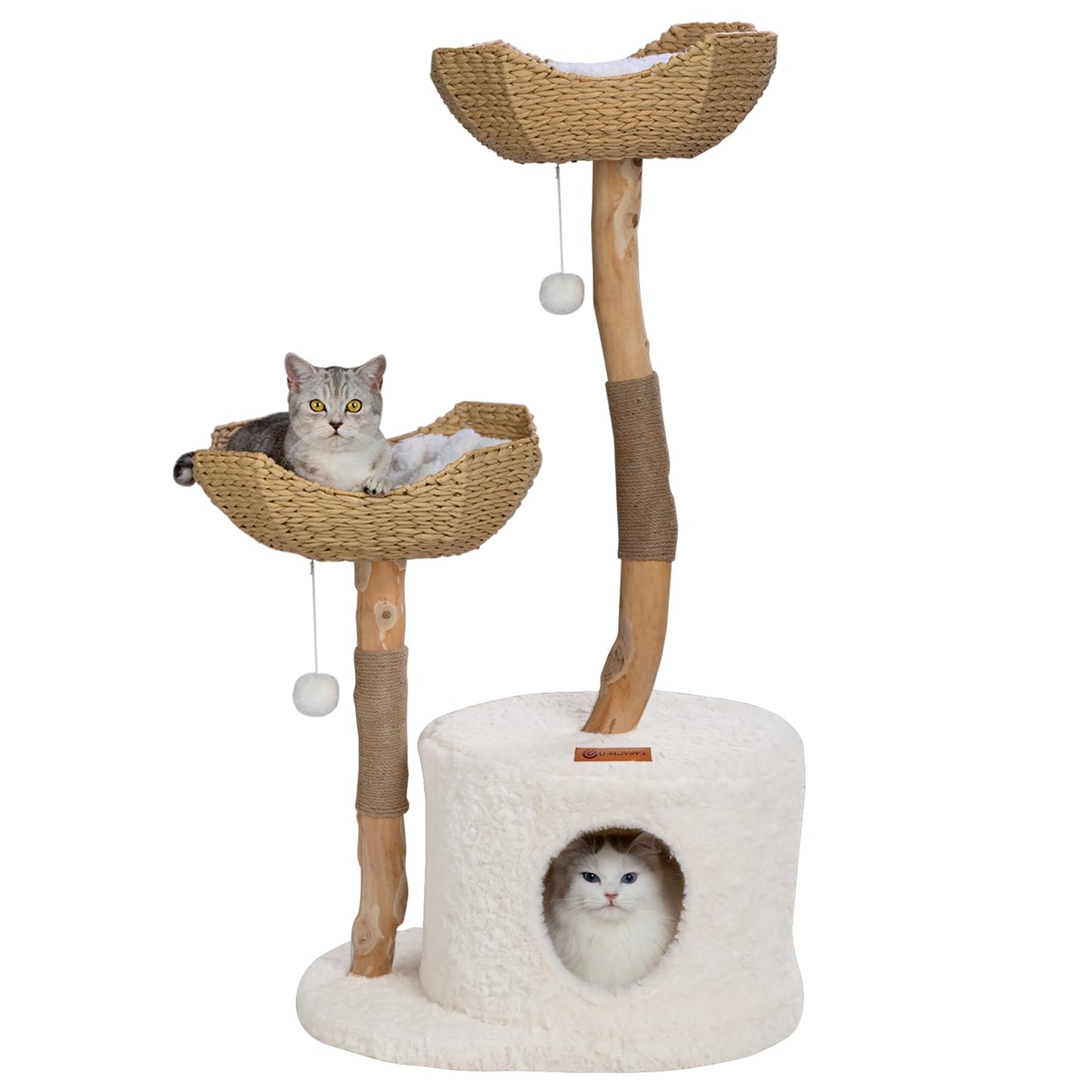 U-Moving 46" Natural Wood Cat Tree for Large Cats – Modern Feline Tower with Scratching Posts, Real Branch Design & Luxury Gift for Cat Lovers