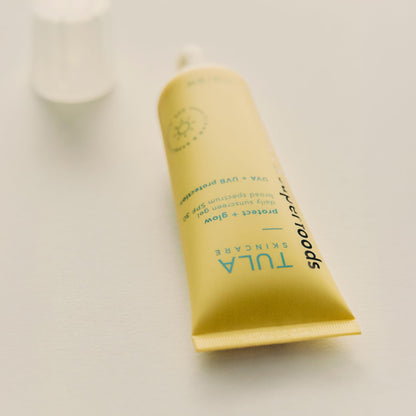 TULA Skin Care Protect + Glow Daily Sunscreen - Gel, Broad Spectrum SPF 30, Skincare-First, Non-Greasy, Non-Comedogenic and Reef-Safe with Pollution and Blue Light Protection, Regular, 1.7 fl oz.