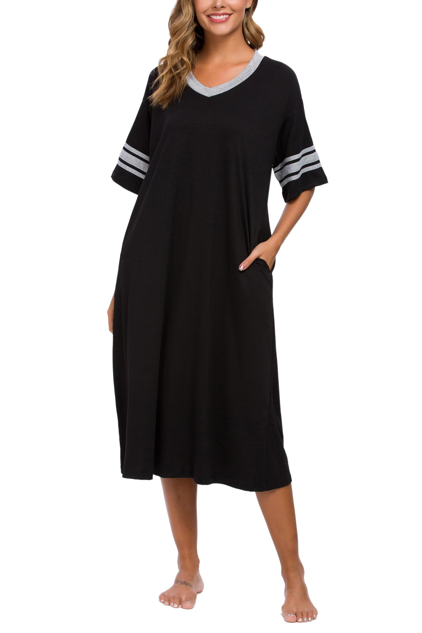 Vslarh Women's Nightgown Long Loungewear Short Sleeve Sleepshirt V Neck Pajama Dress with Pockets S-3XL Black