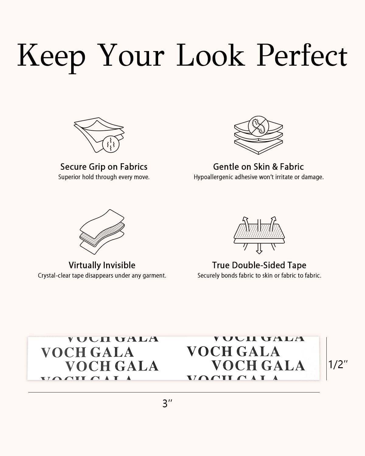 VOCH GALA Double Sided Tape for Clothes and Fashion – Stick & Easy Peel Clear Fabric Tape, Per-Cut Body Tape & Clothing Tape, Hypoallergenic Skin-Safe, Portable Emergency & Multi-Scene Use