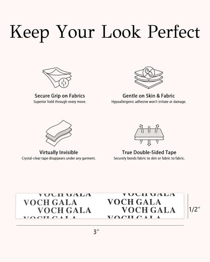 VOCH GALA Double Sided Tape for Clothes and Fashion – Stick & Easy Peel Clear Fabric Tape, Per-Cut Body Tape & Clothing Tape, Hypoallergenic Skin-Safe, Portable Emergency & Multi-Scene Use