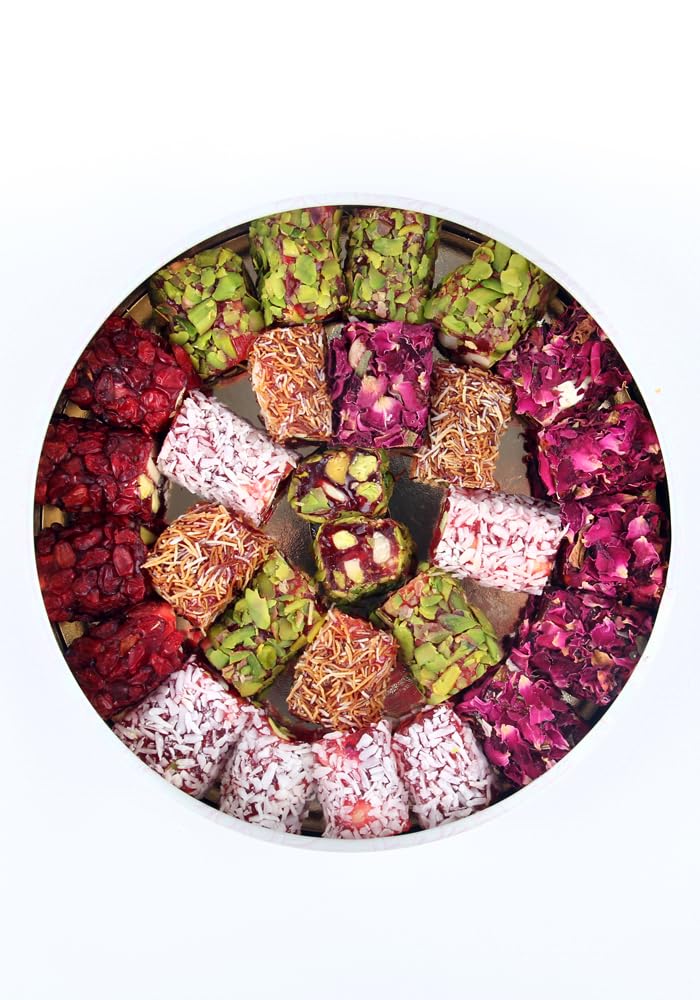 Zaitoune Turkish Delight Mix - 9 oz | Luxury Coatings of Pomegranate, Pistachio, Coconut, Kataifi & Rose | Authentic Lokum Sweet Assortment in a Beautiful Gift Tin | Handmade & Individually Wrapped