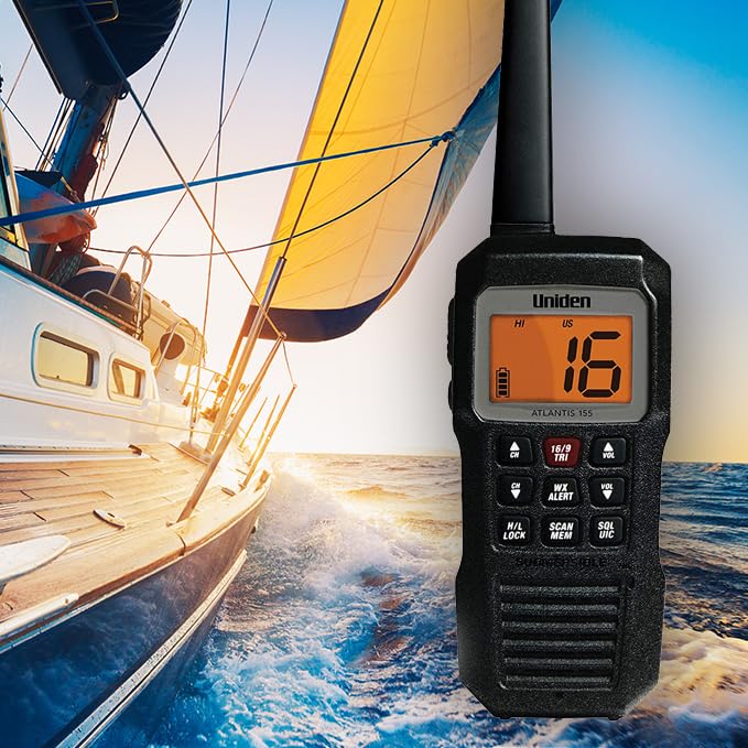 Uniden Atlantis 155 Handheld Two-Way VHF Marine Radio, Floating IPX8 Submersible Waterproof, Dual-Color Screen, All USA/International/Canadian Marine Channels, NOAA Weather Alert, 10 Hour Battery