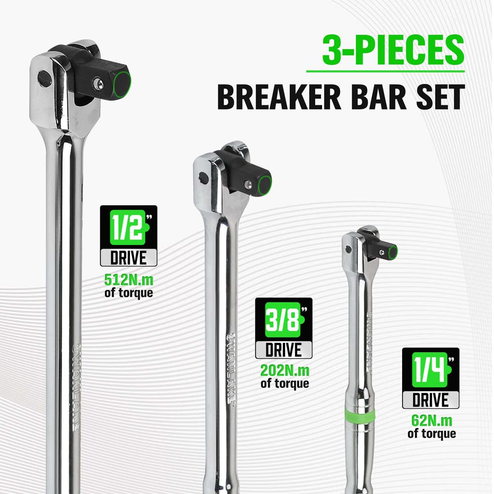 SWANLAKE 6PC Breaker Bar Set,1/4", 3/8" & 1/2" Drive,Heavy Duty Breaker Bars, 6-inch, 10-inch, 15-inch Length with 180° Rotatable Head