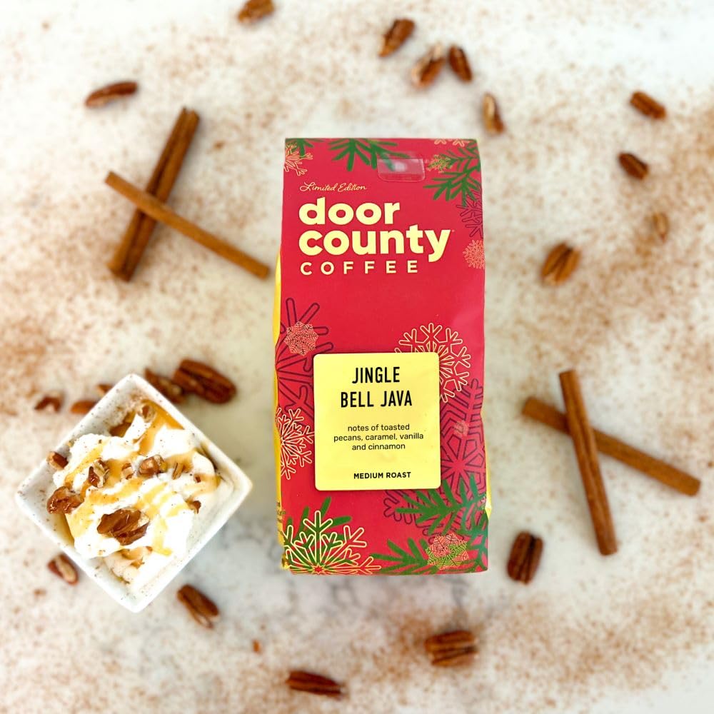 Door County Coffee Jingle Bell Java Flavored Coffee Whole Bean - 8oz Bag - Holiday Seasonal - Medium Roast - 100% Specialty Arabica - Pecans, Creamy Caramel, Vanilla, Cinnamon
