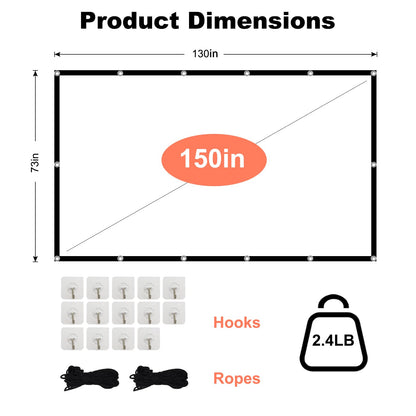 Projector Screen TOWOND 150 inch Projection Screen Indoor Outdoor Washable Anti-Crease 16:9 HD Rear Front Movies Screen for Home Theater Office