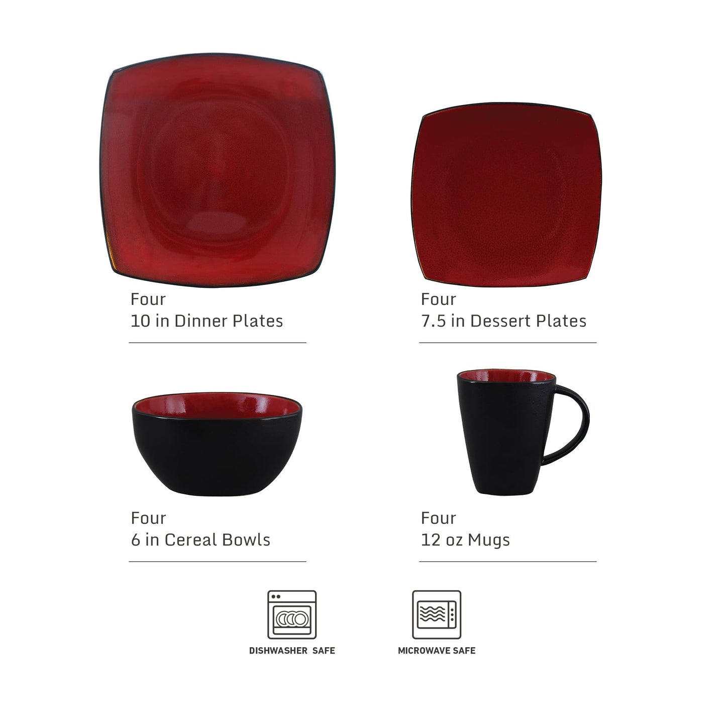 Gibson Soho Lounge Square Reactive Glaze Dinnerware Set, Red, Service for 4 (16pcs)