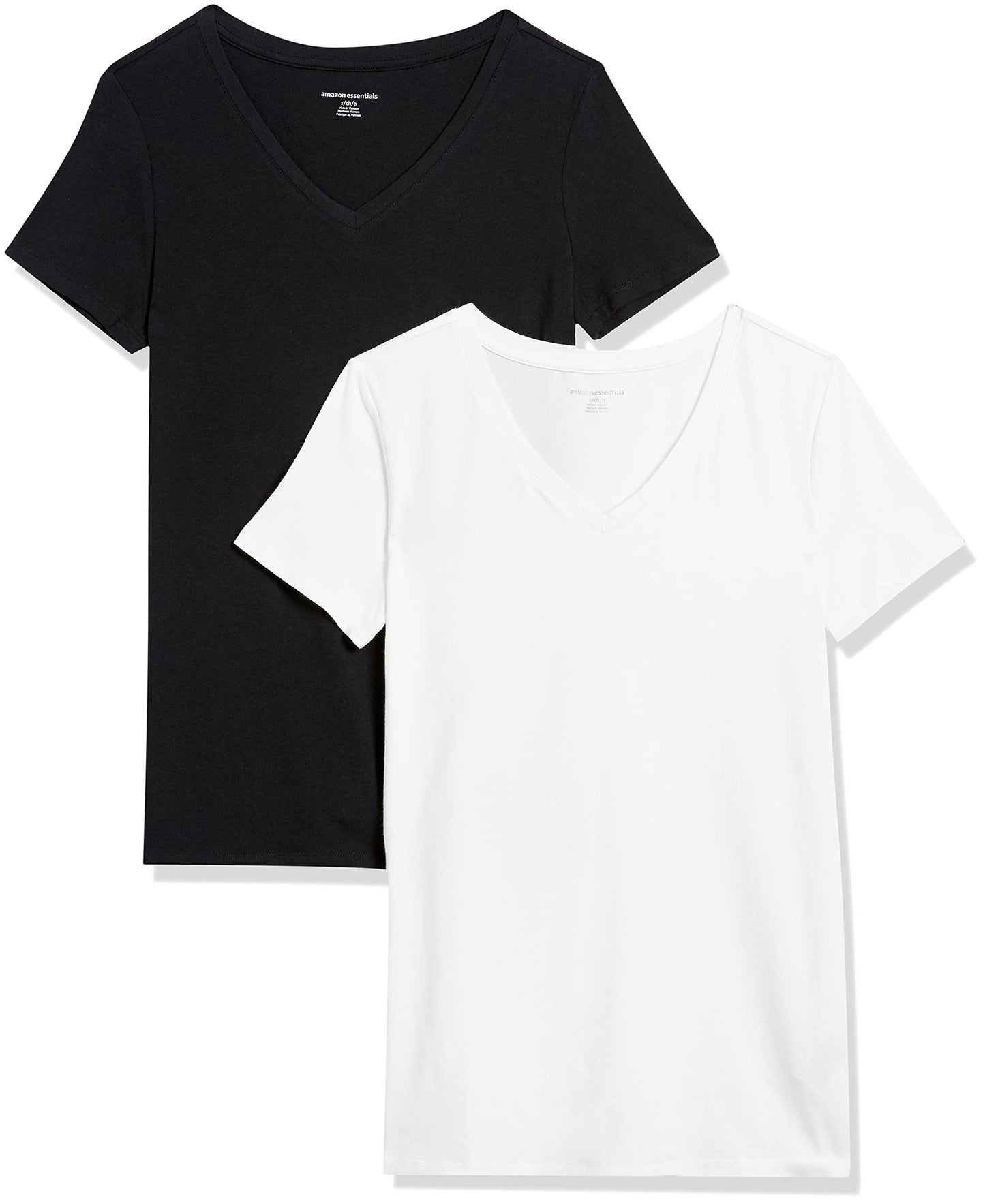 Amazon Essentials Women's Regular-Fit Short-Sleeve V-Neck T-Shirt, Pack of 2, Black/White, X-Small