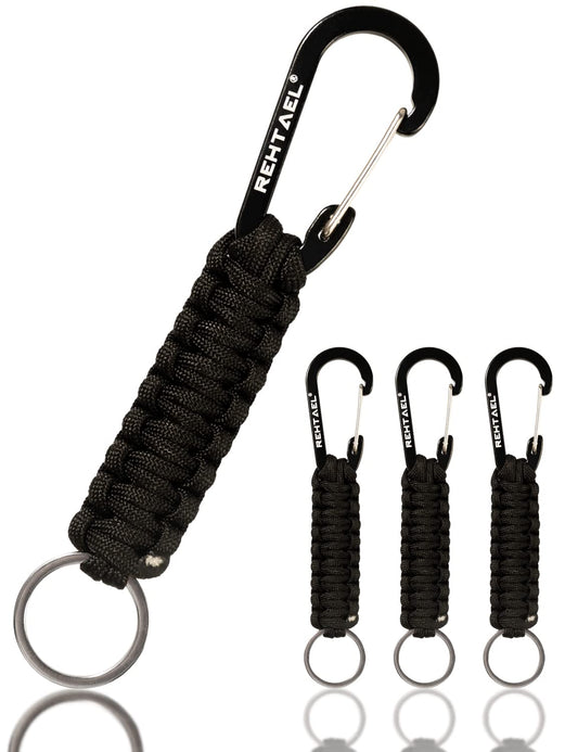 REHTAEL Keychain Paracord Carabiner Men/Women, Military Braided Heavy Duty Key Chain w/Belt Clip D-Ring for Car Keys, Keychain Strap for Backpack Camping Hiking, 4Pcs (4*Black)