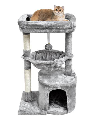 SYANDLVY Small Cat Tree for Indoor Cats, Activity Cat Tower with Scratching Post for Kittens, Modern Cat Furniture with Basket & Hanging Ball for Play Rest, Grey