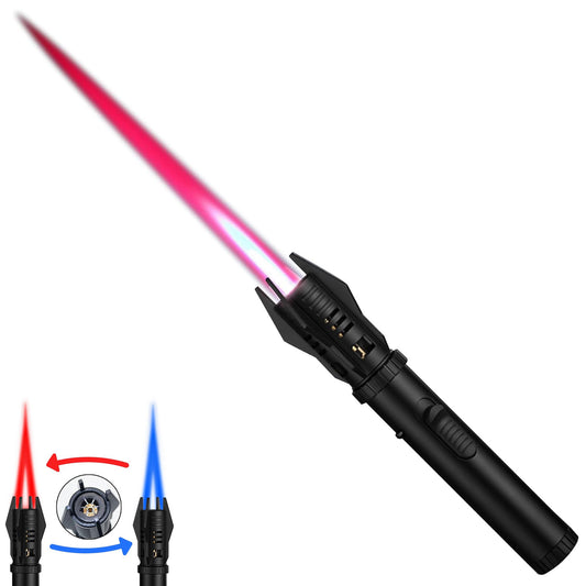 Torch Lighter, Bright Fire Lighter with Safety Lock and Adjustable Red/Blue Flame, Refillable Butane Gas Windproof Jet Flame Cool Lighters, for Candles Campfires BBQ Baking, Camping, Gift