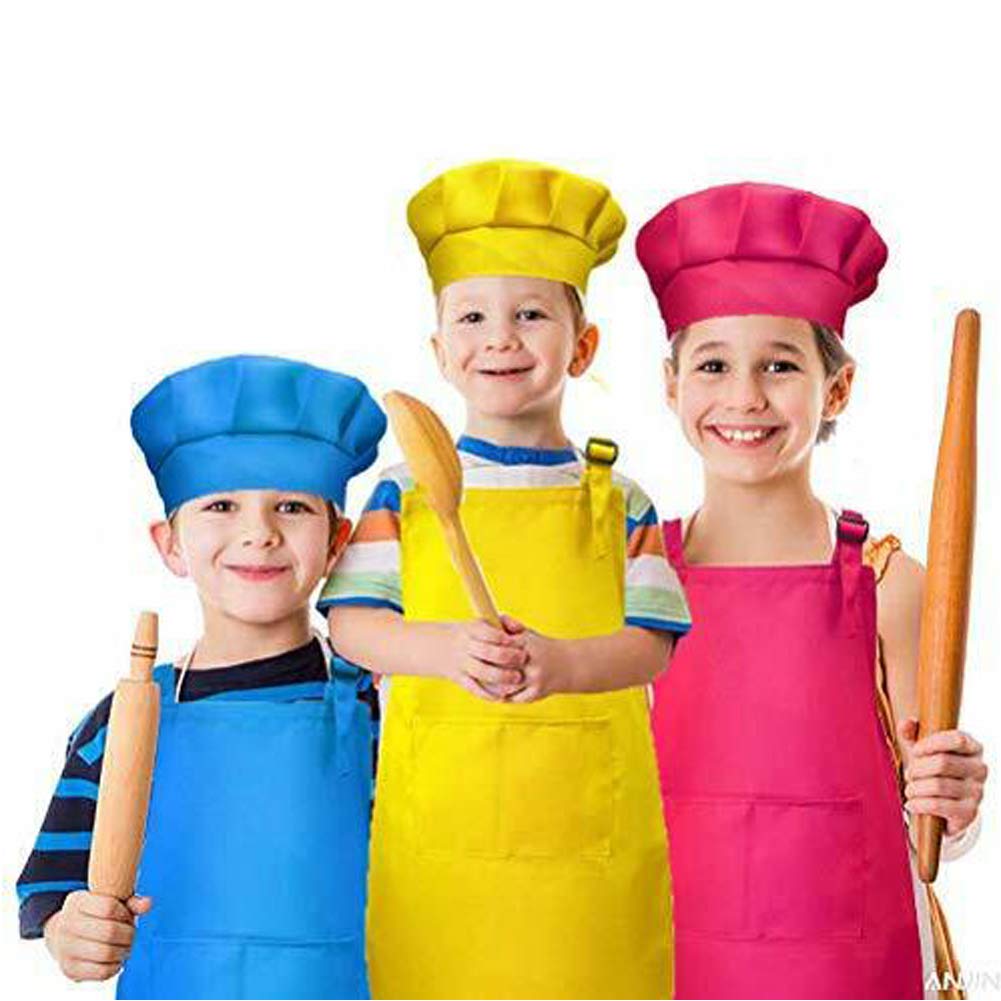 Tamicy 10 Pieces Kids Chef Hat and Apron Set - Child Kitchen Bib Aprons with Pockets Girls Boys Chef Hats for Cooking Baking Gardening Painting Wear (Rose Red,Green,Blue,Orange,Purple)