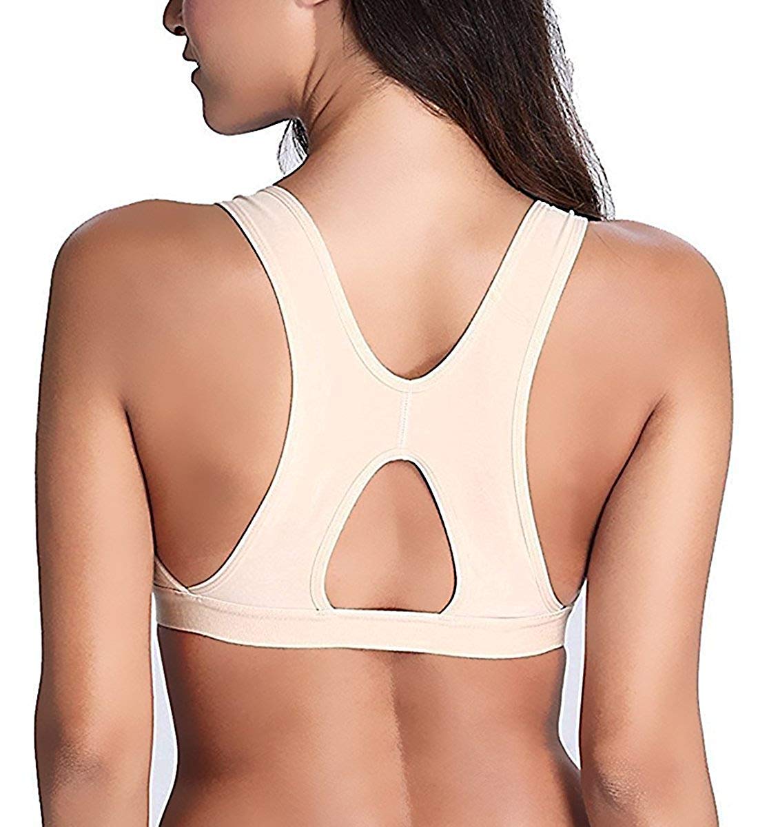 SHAPERX Women's Post-Surgical Front Closure Sports Bra Adjustable Wide Strap Racerback Support Bra, SZ83288-Beige-S