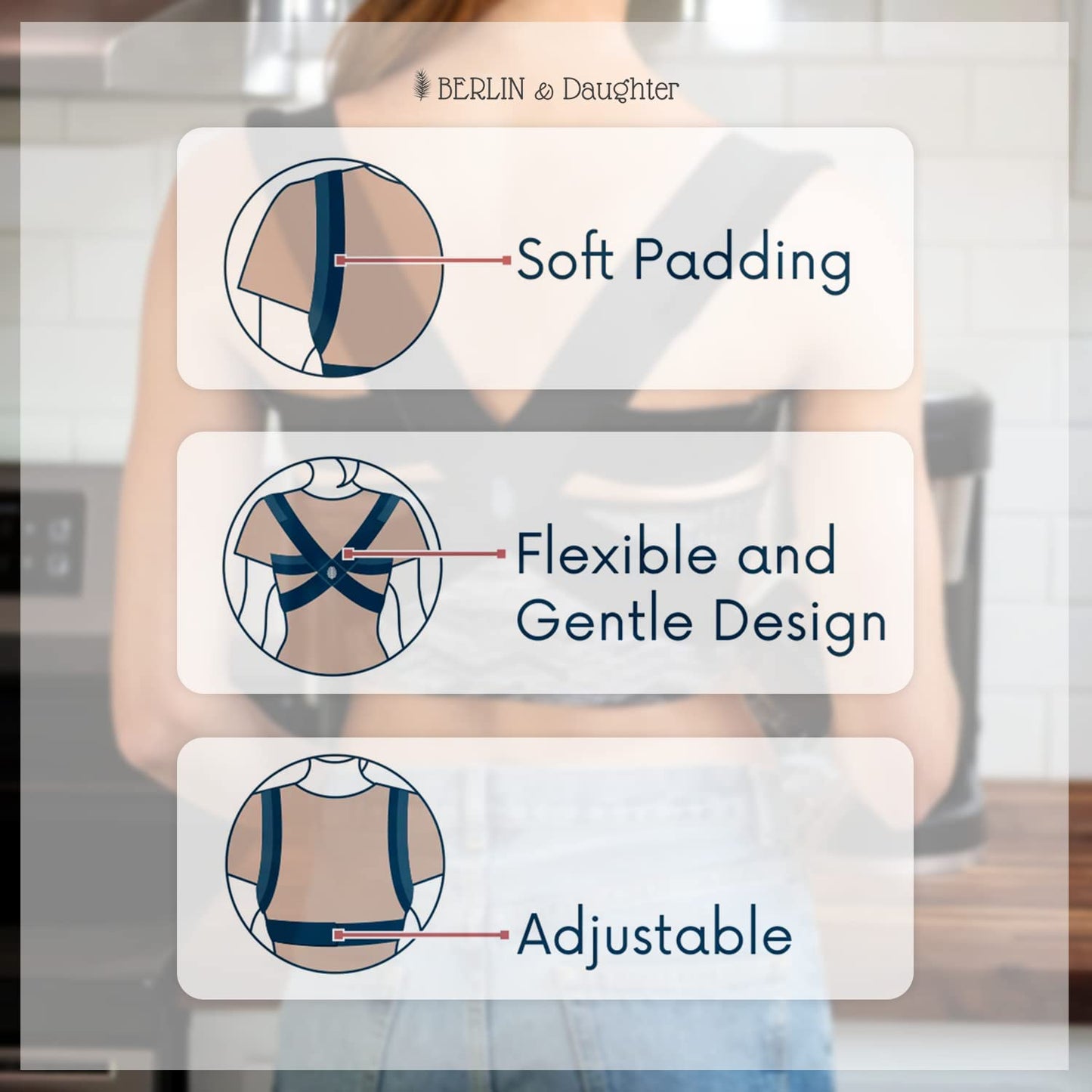 Berlin & Daughter Posture Corrector - Fully Adjustable Breathable Clavicle Chest Back Support Brace for Improves Posture & Provide Lumbar Support Back Pain Relief - Perfect for Men & Women - Medium