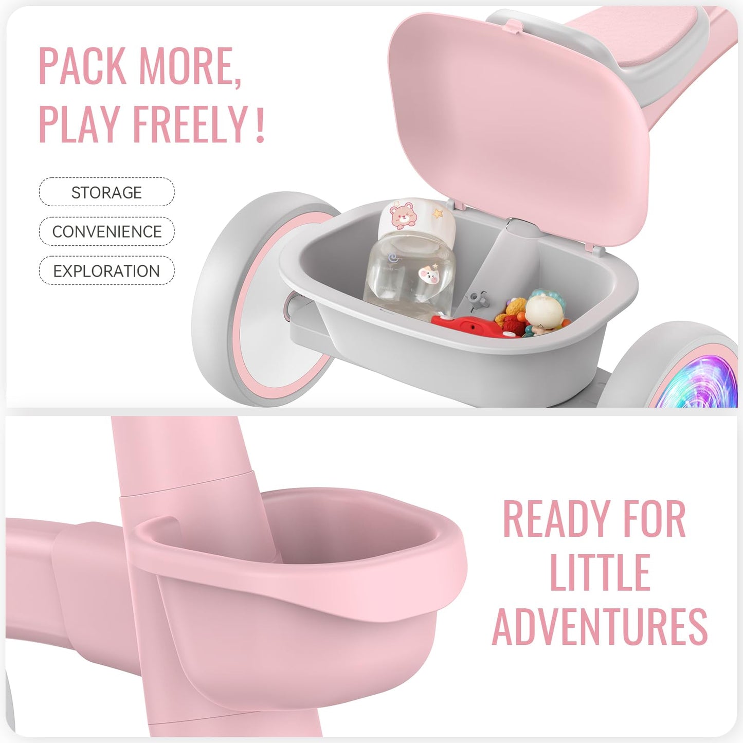 SEREED Colorful Lighting Toddler Tricycle for 2-5 Years Old Girls, Adjustable Seat&Handlebar Trike, Removable Basket, Birthday Gift Idea for Kids Ages 2+ (Pink)