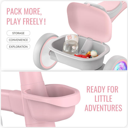 SEREED Colorful Lighting Toddler Tricycle for 2-5 Years Old Girls, Adjustable Seat&Handlebar Trike, Removable Basket, Birthday Gift Idea for Kids Ages 2+ (Pink)