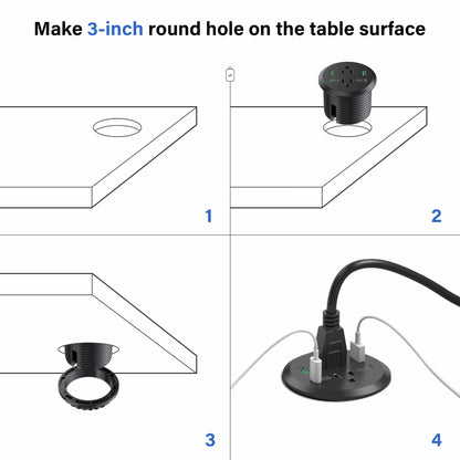 Desktop Power Grommet 3-inch Hole,40W Total Fast Charging Station, 2 PD 20W USB C Port,Flush-Mount Recessed Power Strip, 2 AC Outlets,4 USB Ports,in to The Top of Your Desk,6ft Cord