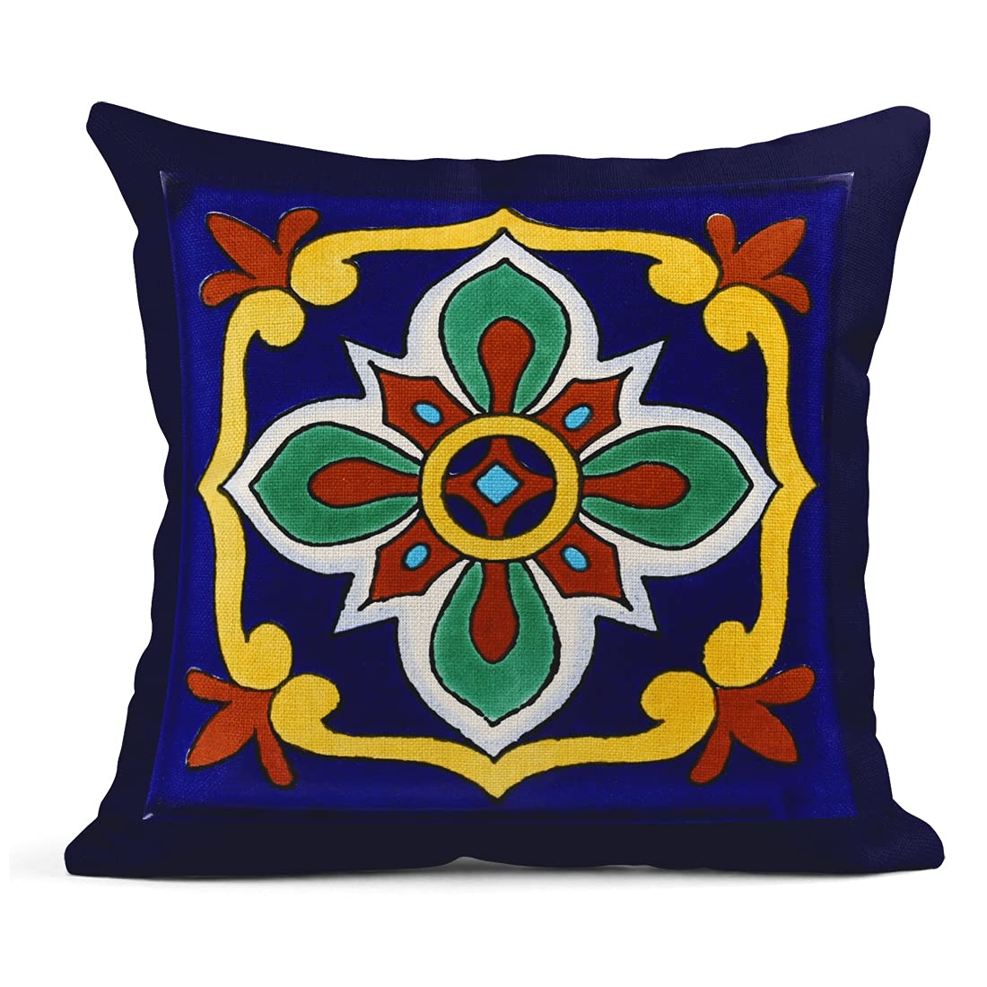 Semtomn Set of 4 Linen Throw Pillow Covers Spanish Talavera Exotic Geometry Dark Retro Ethnic Home Decorative 18"x18" Flax Pillow Cases Cushion Square Pillowcases