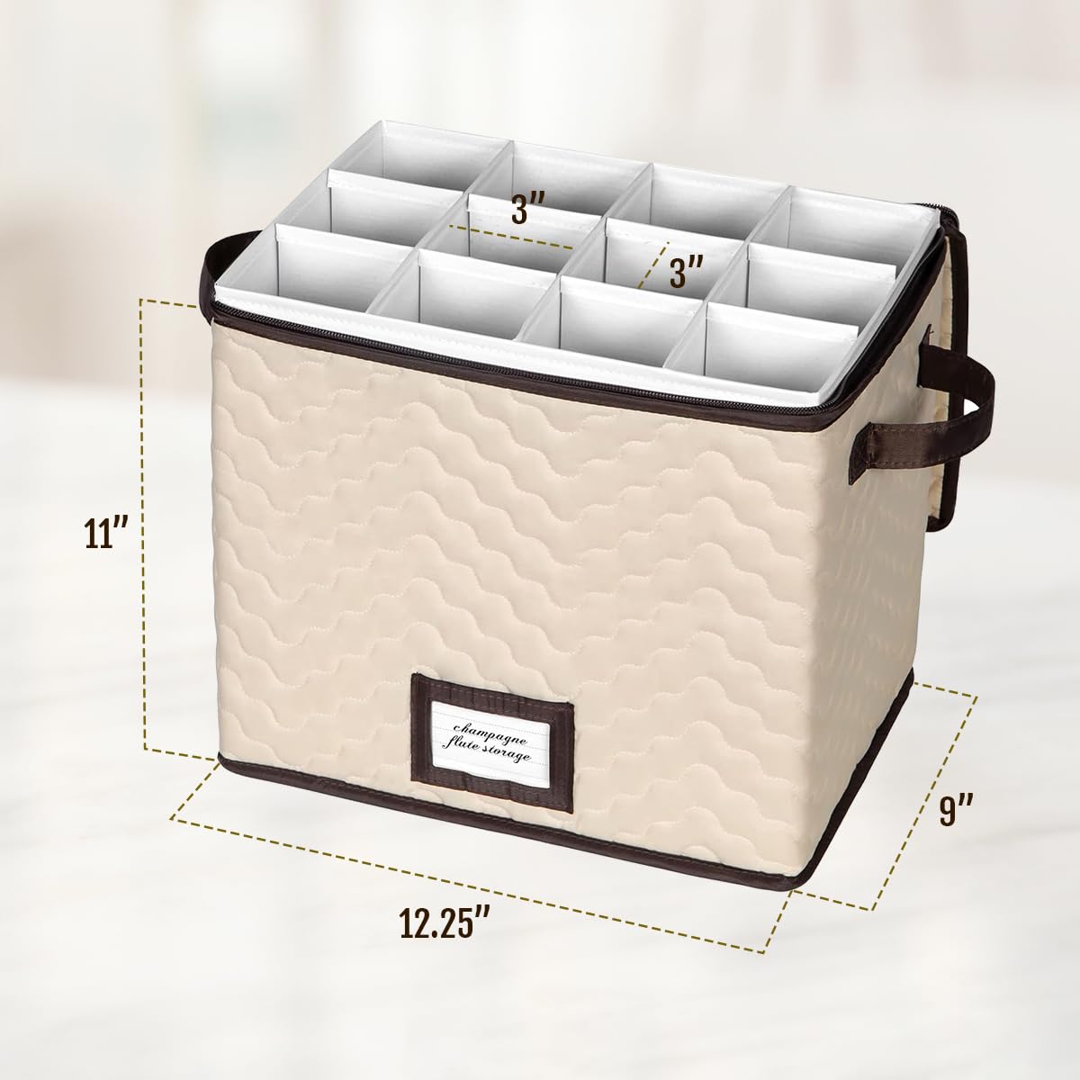 Champagne Flute Storage Boxes with Dividers - Set of 2 - Each Holds 12 Glasses up to 3.75" Wide - Quilted Microfiber Case with Handles - Protects Stemware - Ideal for Champagne & White Wine Glasses