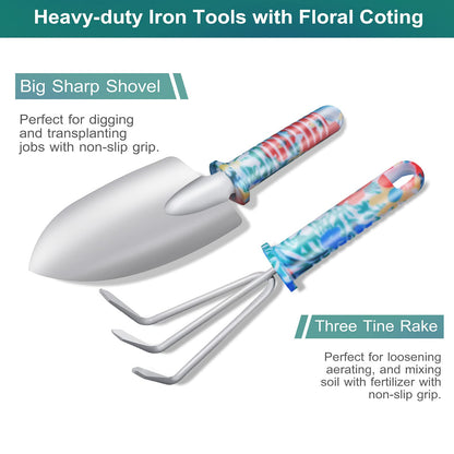 Tbltaca Garden Tool Set, Stainless Steel Heavy Duty Gardening Tools 30 PCS w/Floral Print, Trowel Rake Weeder Pruner Shears Sprayer Digging Claw Gloves, Ideal Gardening Set for Women