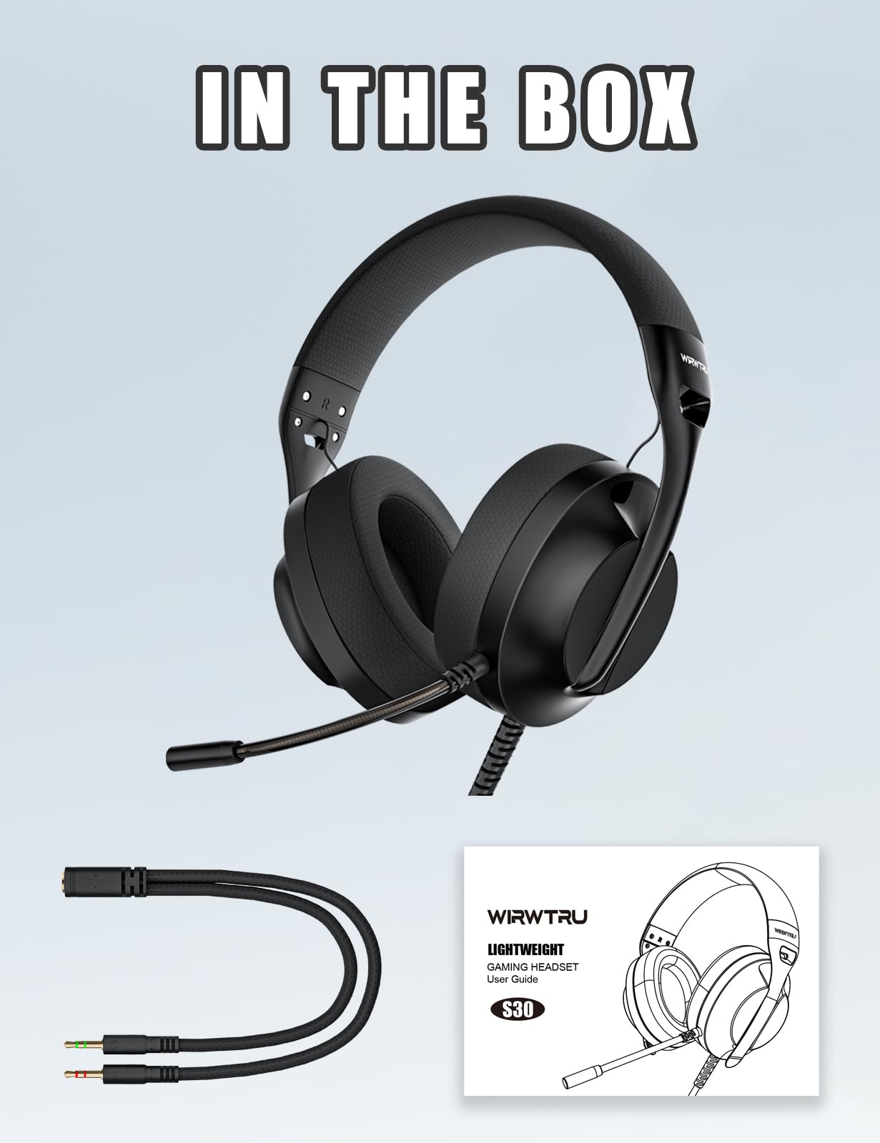 WIRWTRU S30 Gaming Headset with Microphone,198g Lightweight Design, Wired Gaming Headphones for Xbox, Xbox Series X|S, PS5, PS4, Switch, PC, Noise Cancelling Mic, Soft Earmuffs (Black)