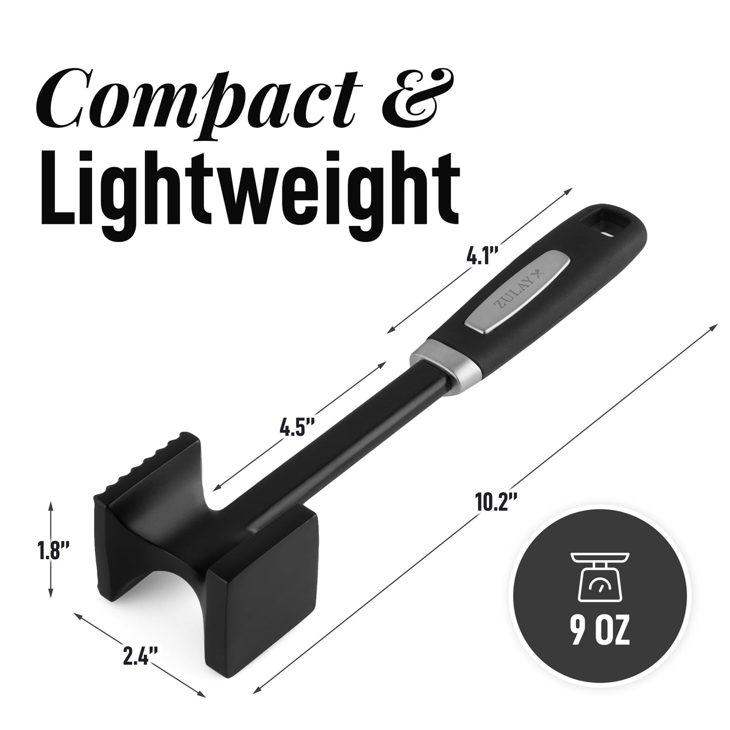 Zulay 10" Meat Tenderizer Hammer – Heavy-Duty Dual-Sided Mallet with Non-Slip Grip – Metal Meat Pounder for Tenderizing Beef, Chicken, Pork & More – Kitchen Tool for Cooking & BBQ - Black