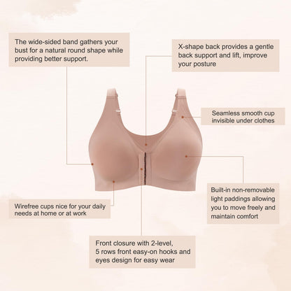 Starmiss Seamless Front Closure Bra for Women Posture Back Smoothing Wireless Brasieres, Beige, XL