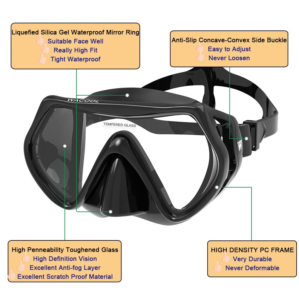 WACOOL Professional Snorkeling Snorkel Diving Scuba Package Set with Anti-Fog Coated Glass Purge Valve and Anti-Splash Silicon Mouth Piece for Men Women (Adults,Black)