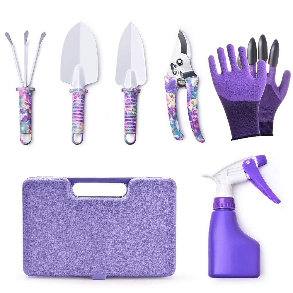 WISDOMLIFE 6 Pieces Garden Tools Set Planting Tools, Non-Slip Handle with Anti-Rust Trowel, Cultivator, Pruning Shear, Water Sprayer and Carrying Case, Gloves with Claws