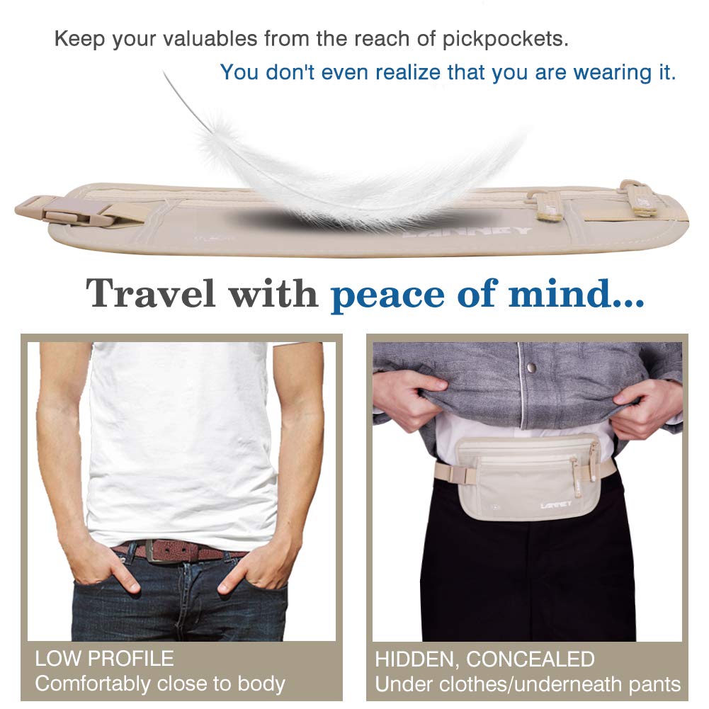 Travel Money Belt Hidden Waist Stash Wallet RFID Blocking Anti-Theft Passport Holder for Men Women, Cream