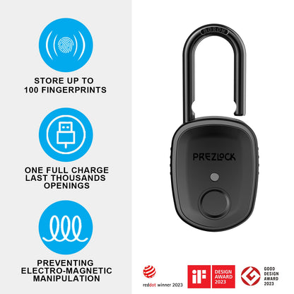 Fingerprint Padlock with Key Backup, 2keys, Prezlock, Smart Padlock with Keyless Biometric, Suitable for Outdoor and Heavy Duty, IP65 Waterproof. Graphite