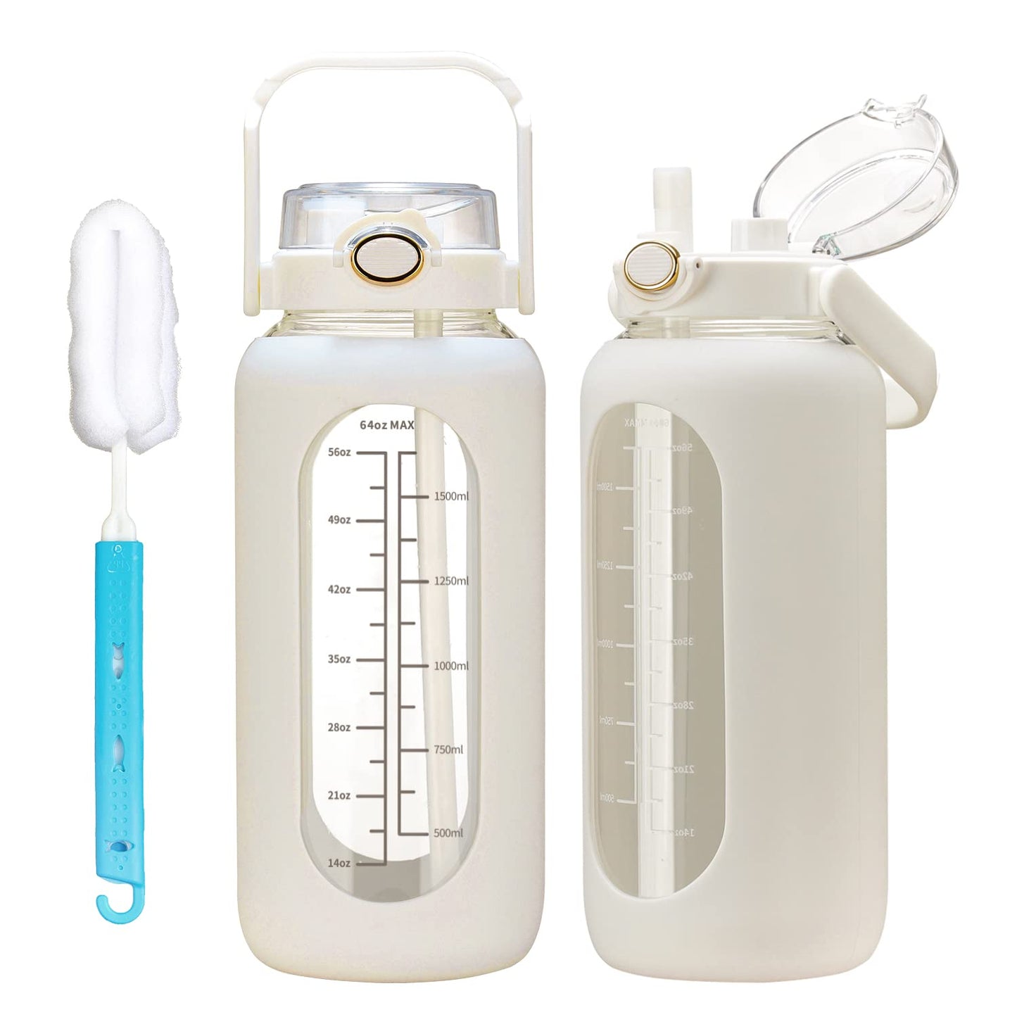 chunmo 64oz Glass Water Bolttles with Straw Half Gallon Large Motivational Water Bottle with Time Marker Sports Water Bottles with Silicone Sleeve and Handle Lid Water Jug for Gym Workout